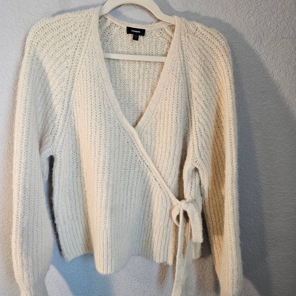 Express faux wrap knit large beige ivory‎ classy preppy old money sweater